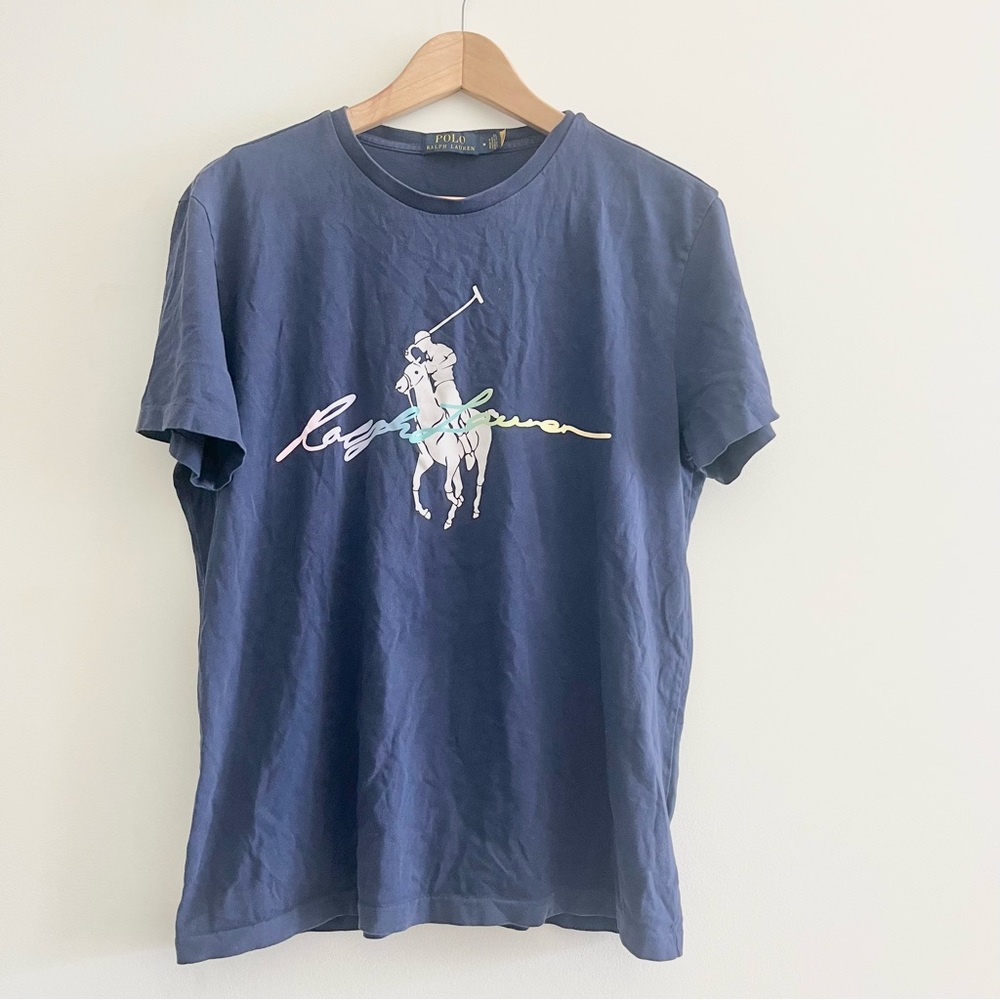 Polo Ralph Lauren Mens T-Shirt Blue M Big Pony Logo Rainbow Script Graphic Tee